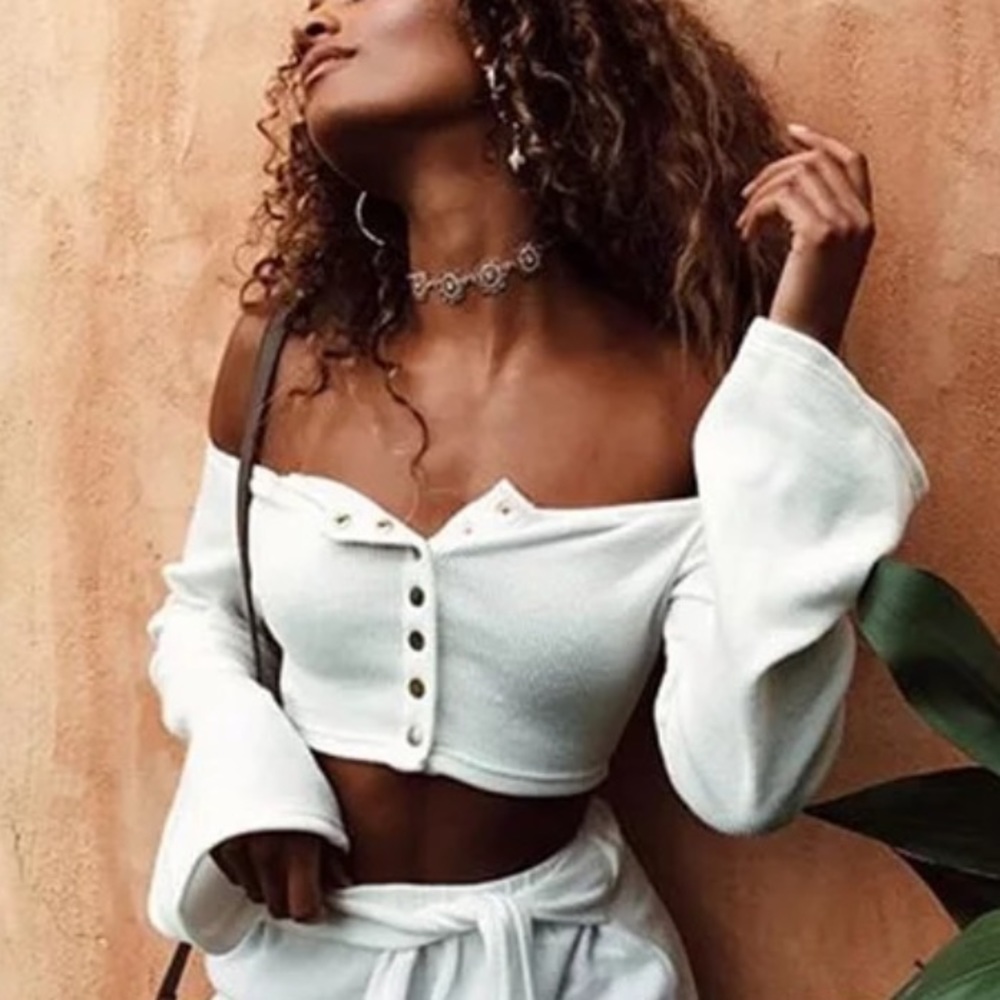 Off the shoulder cream button down Crop Top